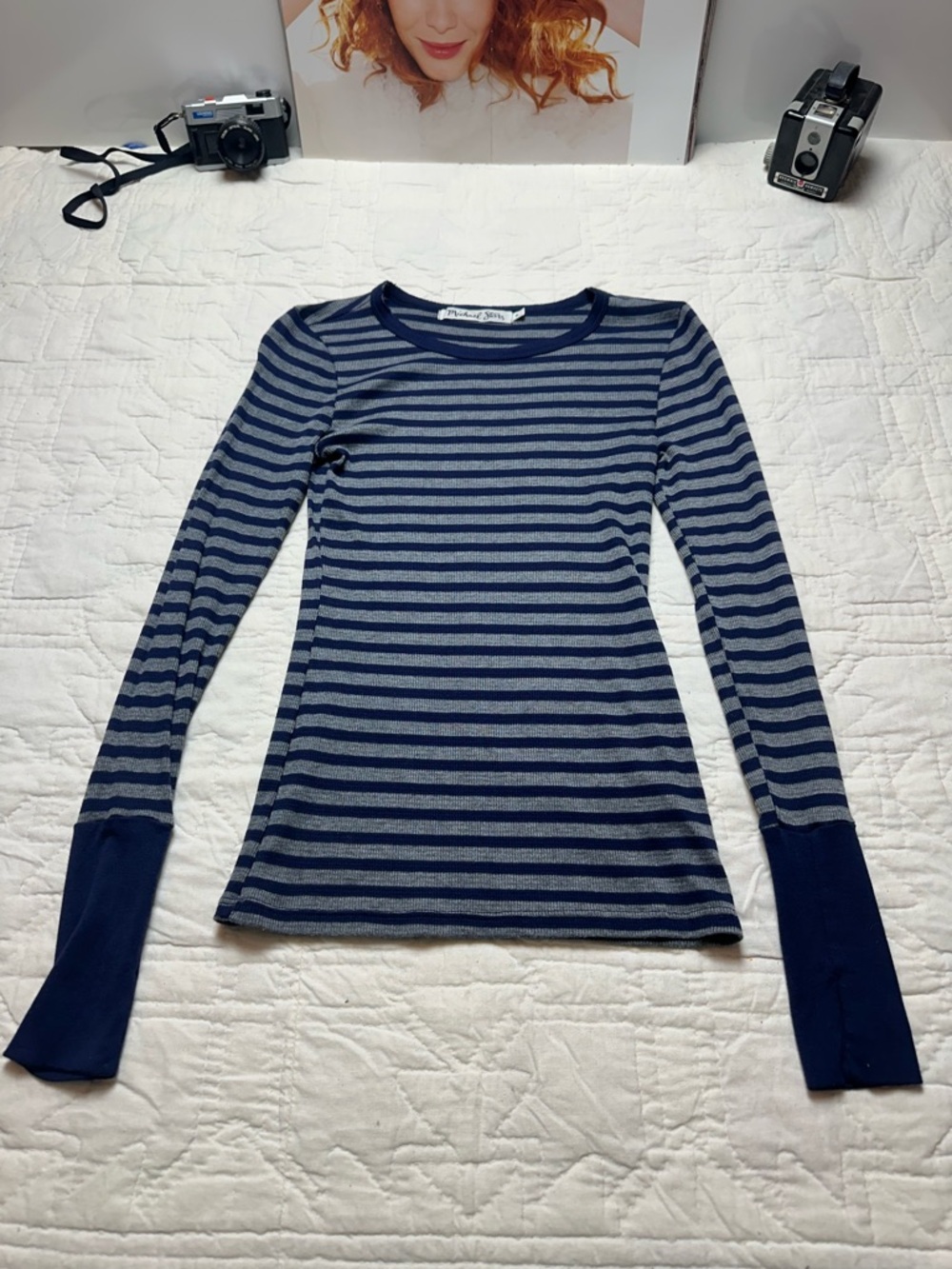Y2K Michael Stars Stripe Knit Tee | Navy Gray Fitted Minimalist Long Sleeve - Picture 2 of 11